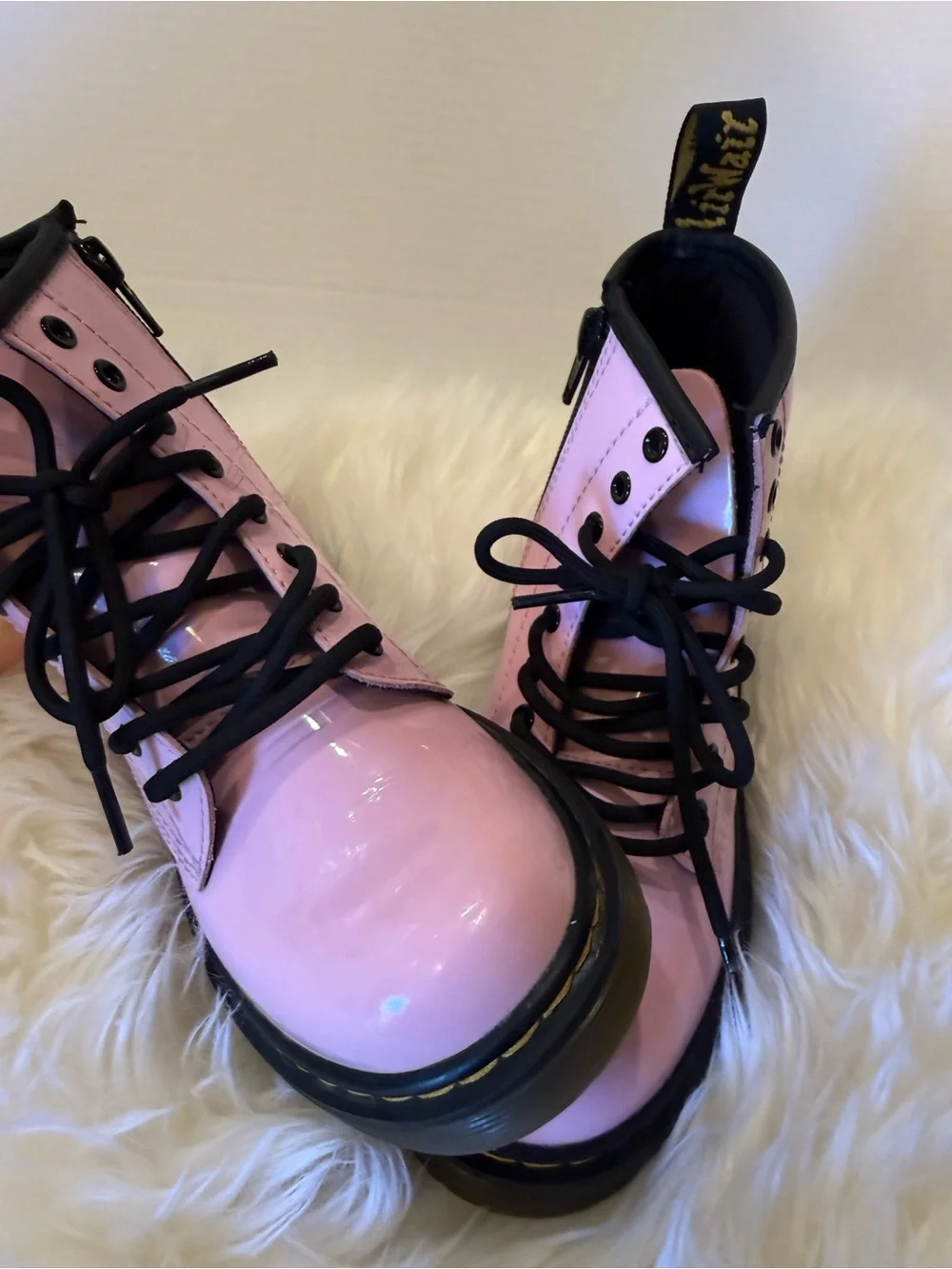 Dr. Martens Pink Patent Lace-Up Combat Boots with Black Laces kids